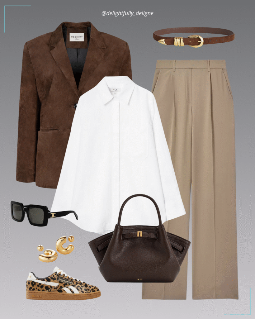 Suede blazer, oversized shirt, wide-leg trouser, and chic accessories.