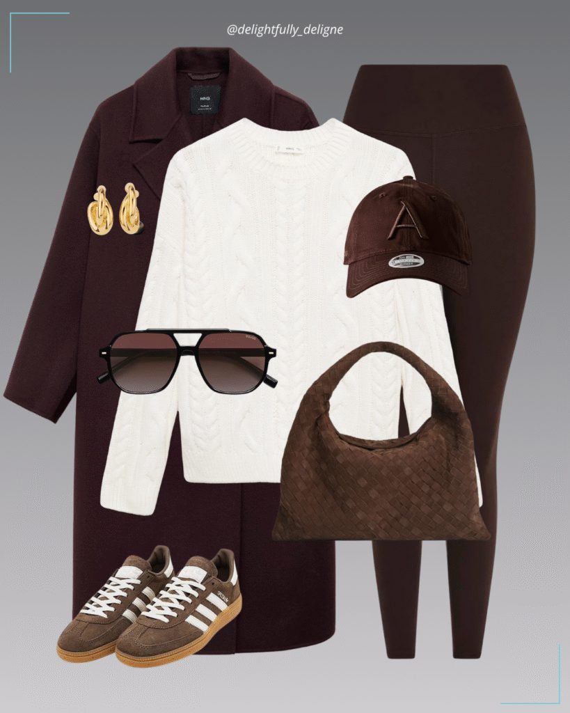 Wool coat, cable-knit, leggings, suede hobo bag + Adidas sneakers.
