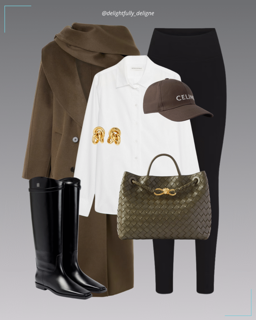 Layered wool coat, high-waist leggings, leather boots, and tote.