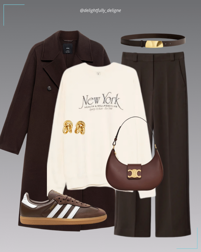Wool coat, crease pants, sweatshirt, statement earrings, Samba OGs, belt, and Triomphe bag.