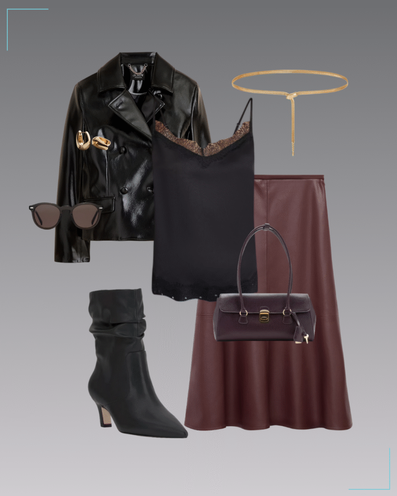 Satin cami with lace trim, leather-effect midi skirt, cropped faux patent peacoat, tall boots, chain belt, acetate sunnies & structured shoulder bag
