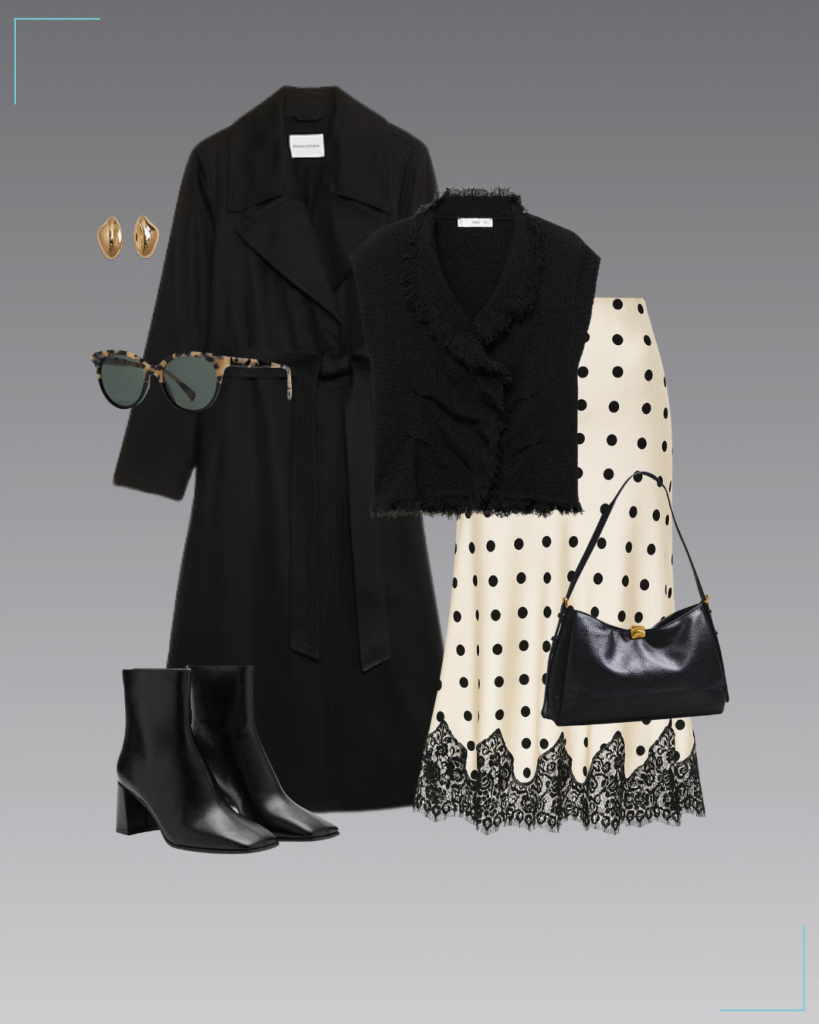 Crossover top, silk skirt with lace hem, drapey trench coat, suede boots, slouchy buckle bag, sculptural earrings & sunnies