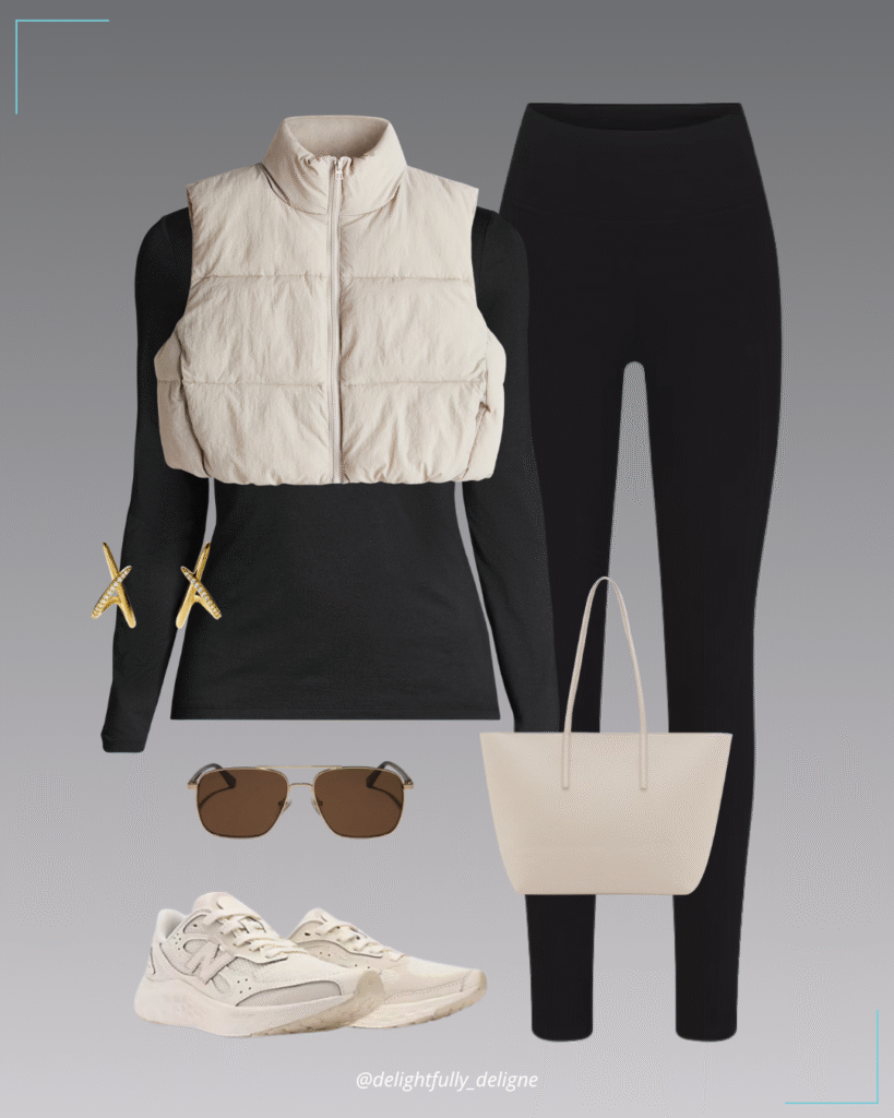 Lightweight jersey turtleneck, puffer vest, high-waisted banded leggings, New Balance sneakers, shopper bag, Rip Wheeler sunglasses & crisscross stud earrings.