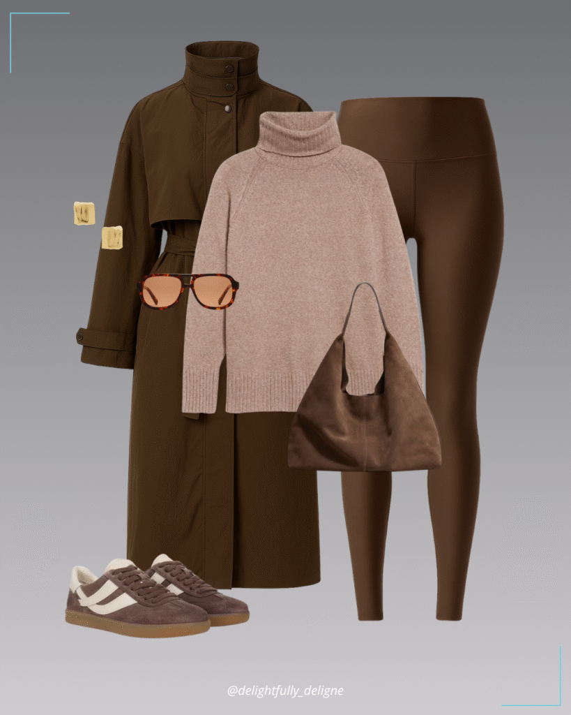 Crinkle-on-the-move trench, turtleneck sweater, high-waist Airlift leggings, suede & leather sneakers, leather tote, aviator sunglasses & mini Sundra earrings.