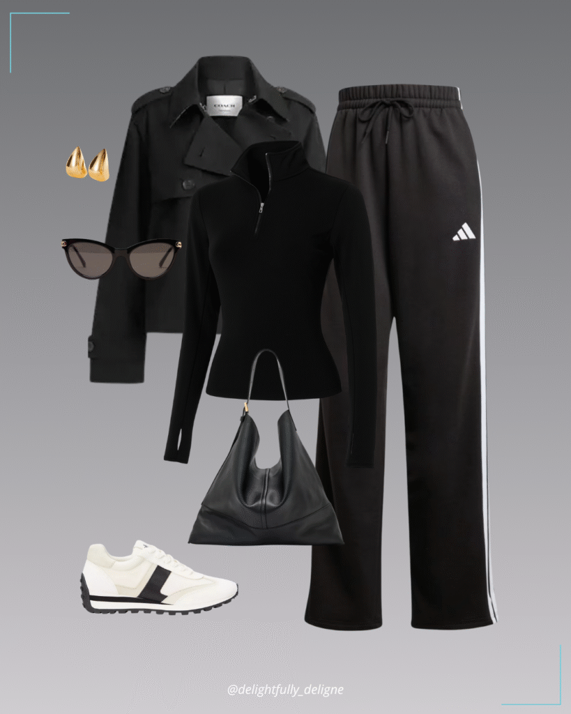Short trench, zip pullover, Adicolor satin wide-leg track pants, Dani lace-up sneakers, shoulder bag, puff earrings & black-and-gold cat-eye sunglasses.