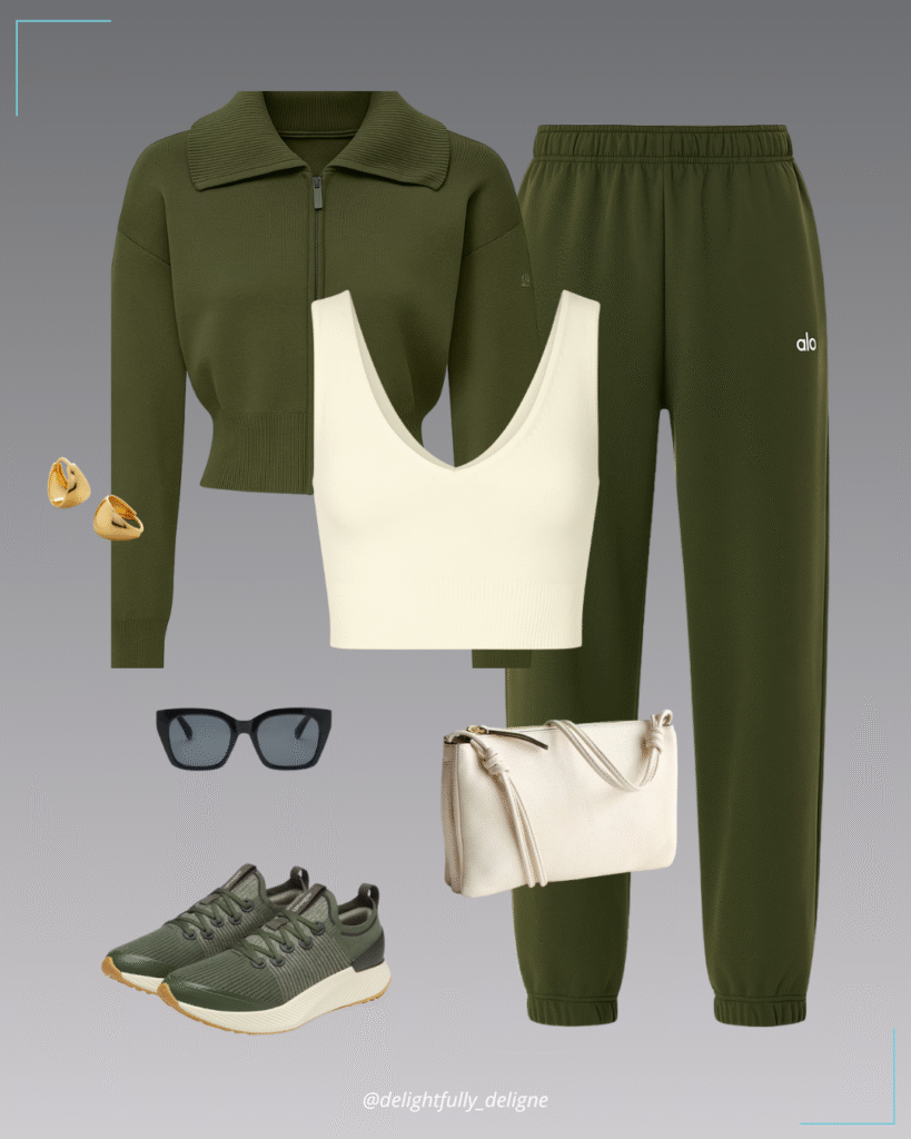 Cropped knit zip jacket, cashmere tank, straight-leg sweatpants, Tree Glider sneakers, crossbody bag, huggie hoops & squared sunnies.