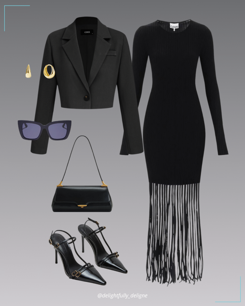 Ganni ribbed-knit fringed crewneck mini dress, collar solid button crop blazer, shoulder bag, slingback pump heels, bold huggie hoops & cat-eye sunglasses.