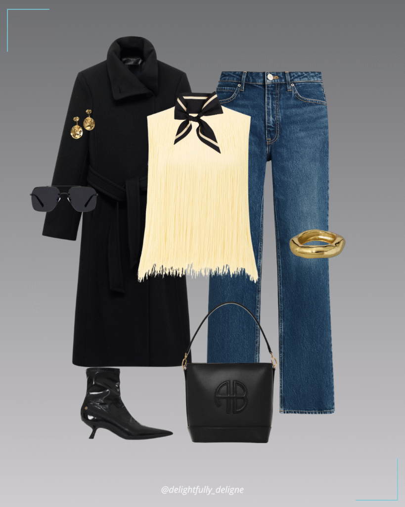 Wool coat with belt, fringe blouse, high-rise straight jeans, high-shine boots, bucket bag, gold coin earrings, molten bangle, printed silk scarf & black aviator sunnies.