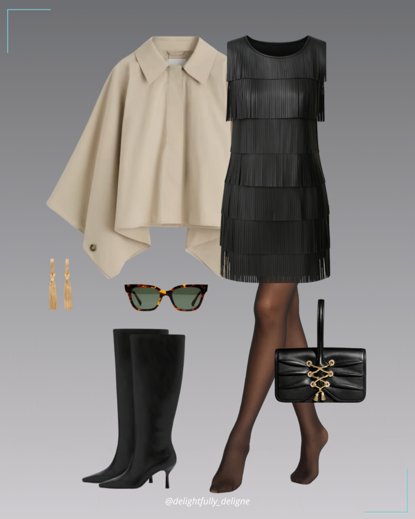 Cropped trench cape, faux-leather fringe dress, high-heel boots, lace-up wristlet, gold chain earrings, tights & sunnies.