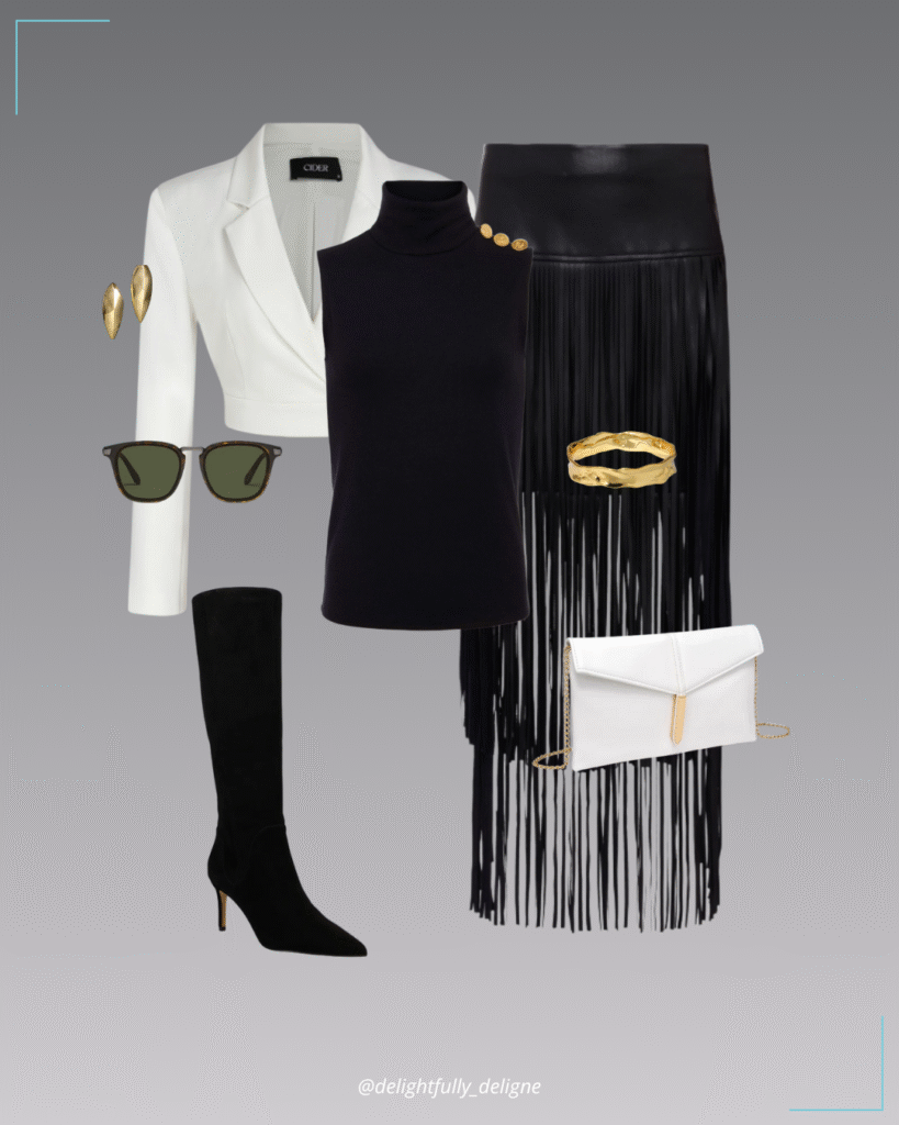Cropped blazer, sleeveless turtleneck, fringe skirt, knee-high boots, clutch, gold armor earrings, strap bangle & round polarized sunnies.
