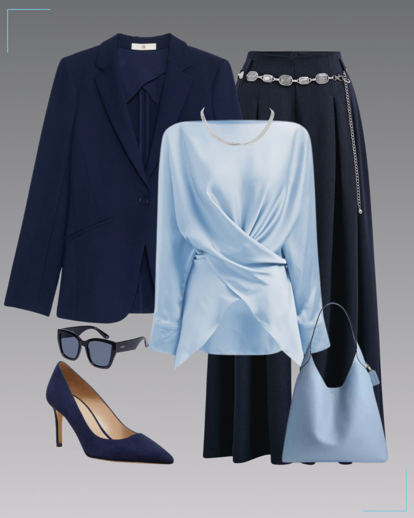 Boat neck satin top, pleated palazzo pants, slim refined blazer, Stuart suede pumps, Brooklyn Shoulder bag, layered chain necklace & sunnies