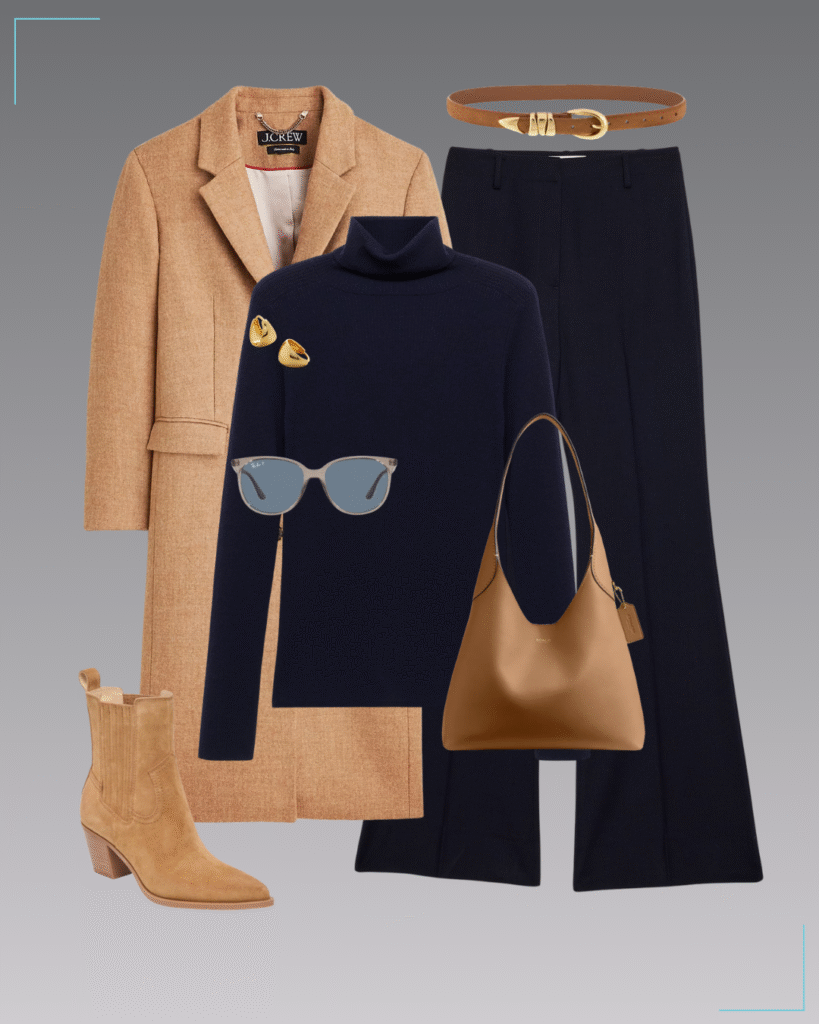 Navy wool turtleneck, caramel wool-blend topcoat, high-rise flare pants, suede pointed-toe booties, Coach shoulder bag, square sunglasses & hoop earrings