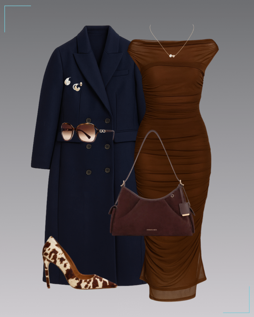 Off-shoulder mesh midi dress, double-breasted coat, cow-print heels, espresso suede shoulder bag, Kissing C sunnies, wide huggie hoops & pearl duo pendant necklace