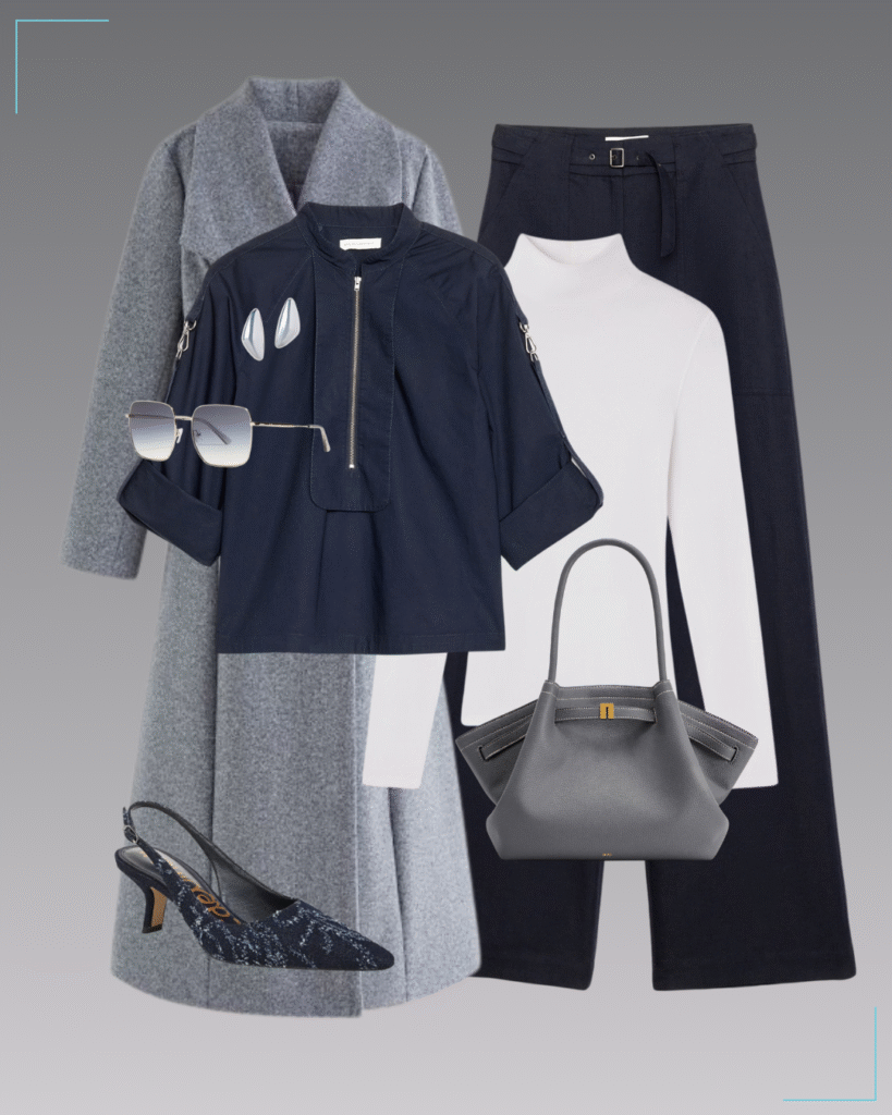 Rib turtleneck, double-breasted coat, wide-leg studio pants, zip popover top, slingback pumps, slate gray tote, square sunnies & sculptural earrings