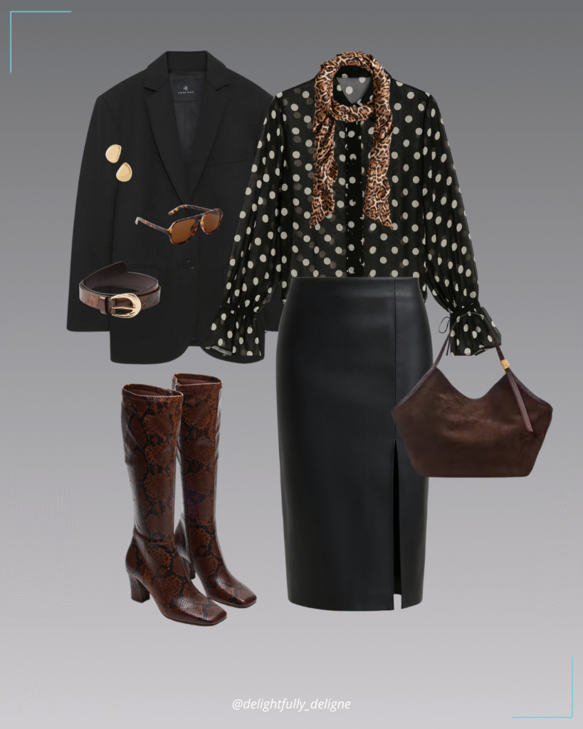 Black blazer, polka-dot georgette blouse, faux leather pencil skirt, snake-print buckle belt, brown snake boots, tulip tote, printed silk scarf, stud earrings & aviator sunnies.