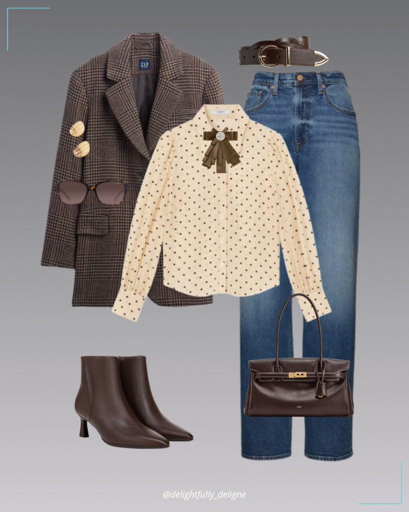 Oversized wool-blend blazer, polka-dot button-up shirt, high-rise ’90s jeans, braided leather belt, brown shoulder bag, leather boots, ribbon brooch, gold stud earrings & dark tortoise square sunnies.