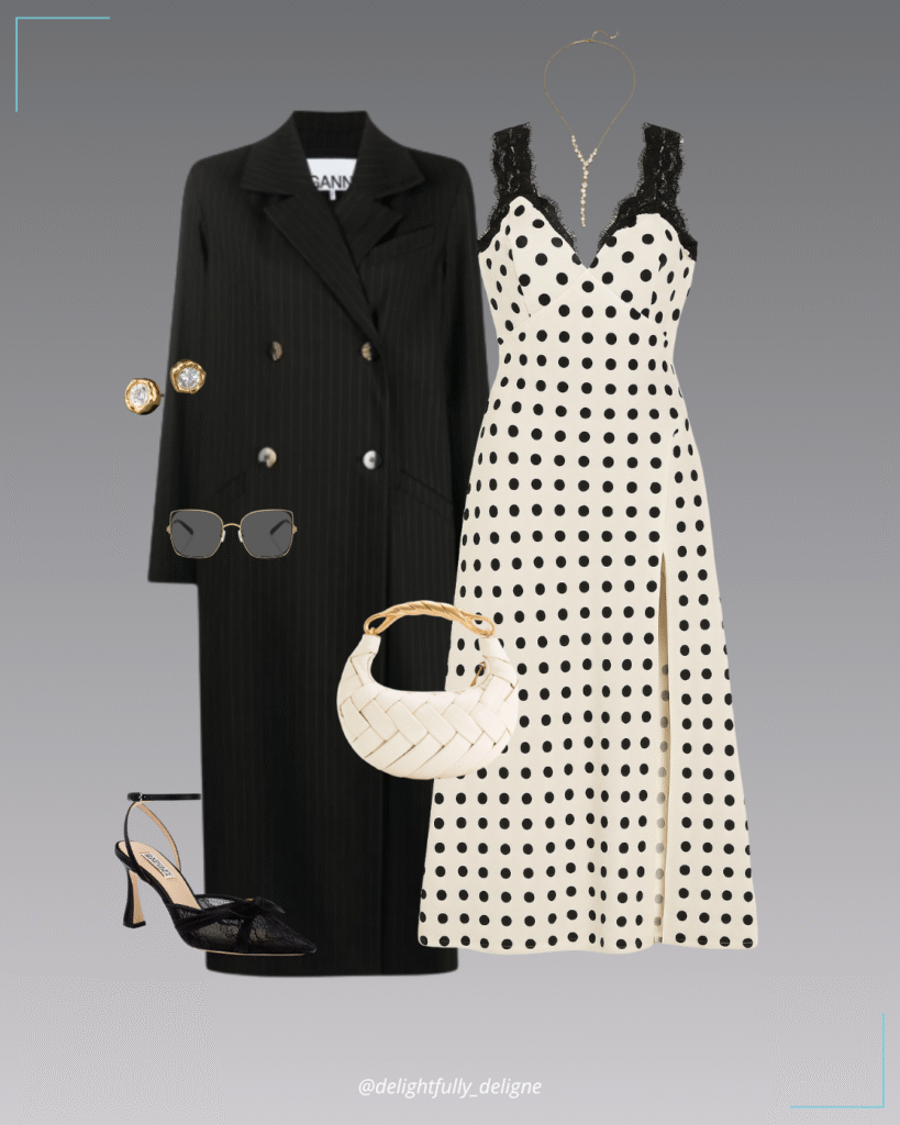 Double-breasted striped coat, lace-trim polka-dot dress, Josie pointed-toe pumps, woven handbag, gold cascading necklace, molten bezel studs & sunglasses.
