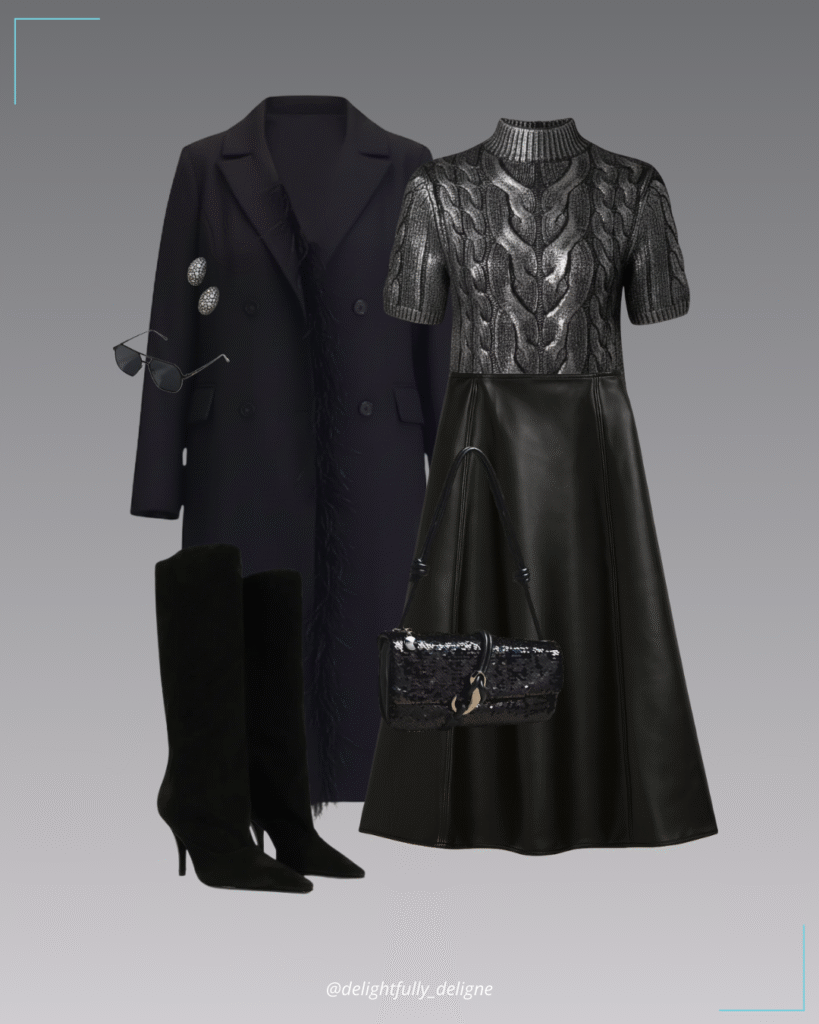 Metallic cable-knit sweater, faux-leather midi skirt, double-breasted coat, suede boots, sequin shoulder bag, huggie hoop earrings & polarized sunnies.