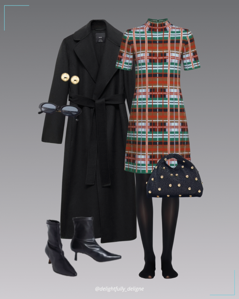 Mock-neck sweater mini dress, wool coat with belt, opaque tights, kitten-heel boots, studded satchel, chain sunglasses & gold stud earrings.