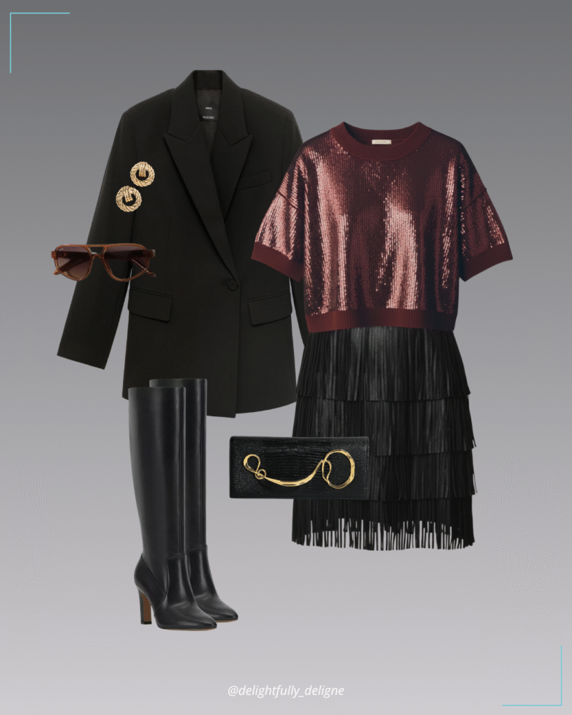 Cashmere-blend sequin crew-neck, faux-leather fringe mini skirt, double-breasted blazer, knee-high boots, twisted gold clutch, Brooklyn sunnies & round twist post earrings.