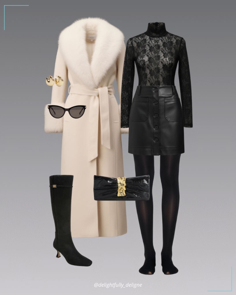 Lace layering turtleneck, faux-leather mini skirt, faux fur–trim belted coat, suede boots, opaque tights, cat-eye sunnies, gold hoop earrings & convertible shoulder bag.