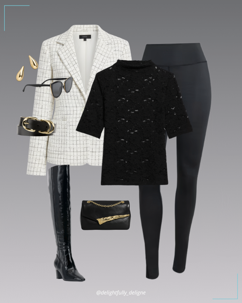 Versa lace elbow-sleeve turtleneck, tweed blazer, full-length leggings, over-the-knee boots, slim double-loop belt, shoulder bag, cat-eye sunnies & earrings.