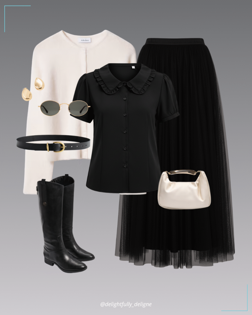 Alpaca-blend knit cardigan, Peter Pan–collar blouse, tulle maxi skirt, riding boots, classic leather belt, gold-handle handbag, polarized sunnies & teardrop stud earrings.