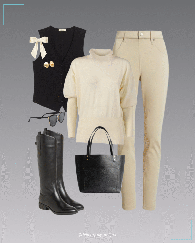 Puff-sleeve turtleneck sweater, rib V-neck vest, ultrasoft denim leggings, penny boots, leather tote, cat-eye sunnies, button earrings & satin bow hair clip.