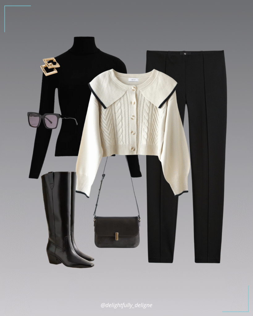 Ribbed mock-neck tee, Peter Pan collar knit cardigan, ponte pants, leather knee-high boots, dual crossbody bag, square huggie earrings & oversized sunnies.