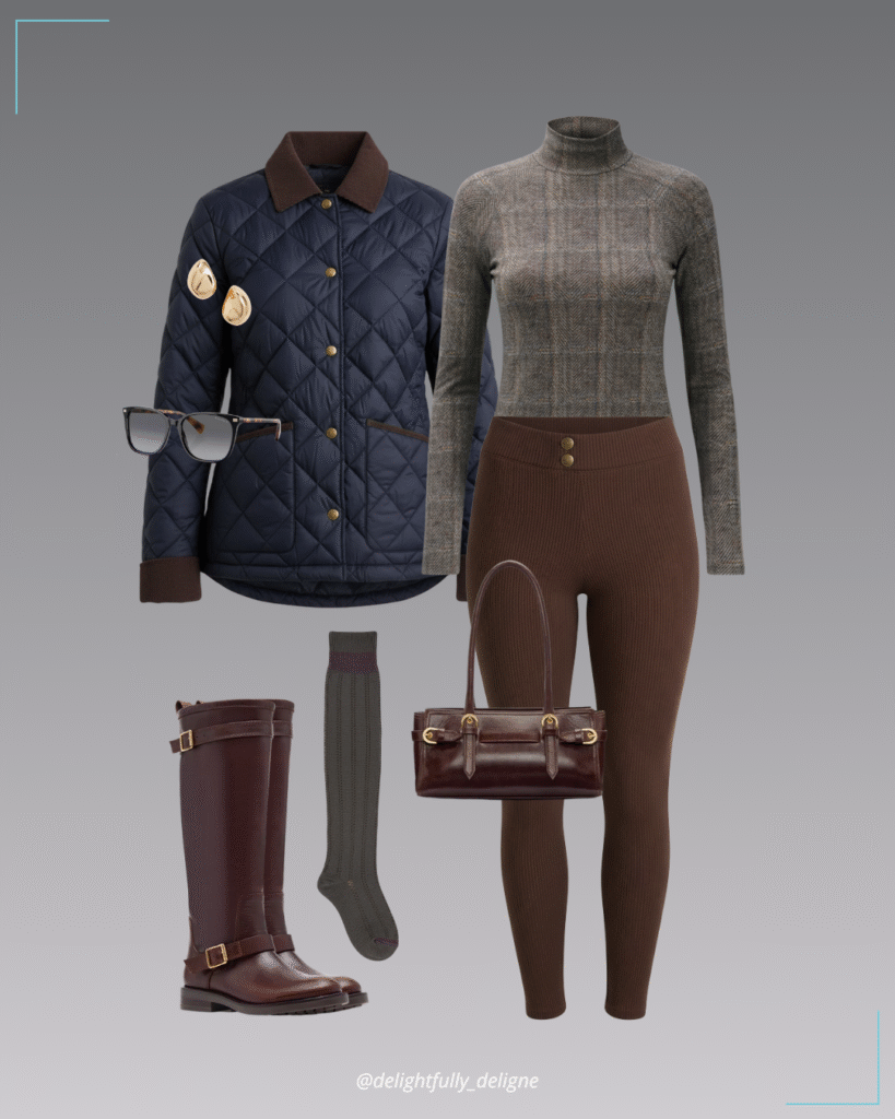 Shawl paneled long-sleeve turtleneck, corduroy-collar diamond quilted jacket, riding pants, knee-high riding boots, leather shoulder bag, teardrop stud earrings, polarized sunglasses & wool-blend over-the-knee warm socks.