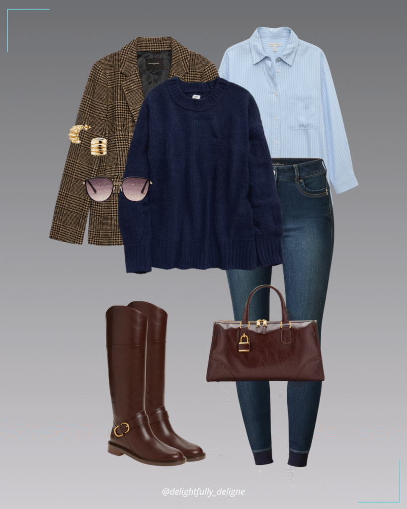 Riding boots, candy crew sweater, tie-back button-up, denim knee-patch breeches, plaid blazer, shiny handled handbag, statement studs & black-and-gold oversized sunnies.