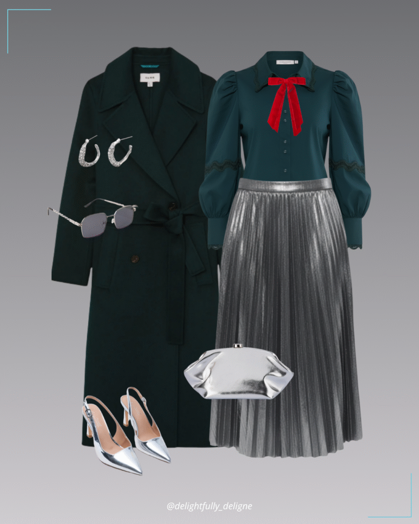 Green double-breasted coat, button-up top, silver pleated midi skirt, metallic clutch, crystal twist mini hoops, red velvet bow & metal rectangle sunnies.