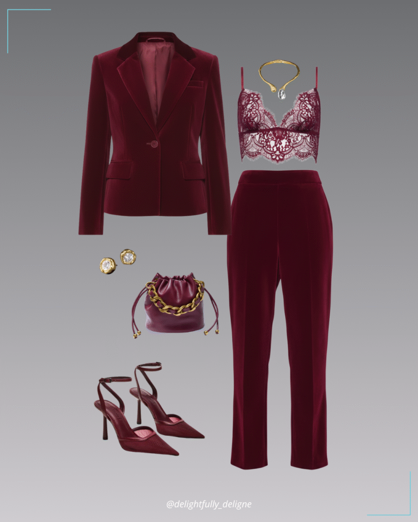 Cranberry velvet blazer and pants, lace bralette top, maroon bucket bag, mesh burgundy pumps, stud earrings & lucite sprout collar.