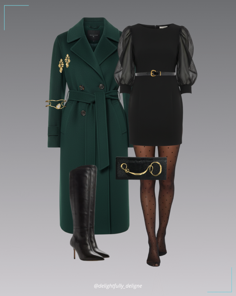 Green belted coat, sheer-sleeve mini dress, black polka-dot tights, leather knotted belt, knee-high boots, gold floating cuff bracelet & mosaic earrings.