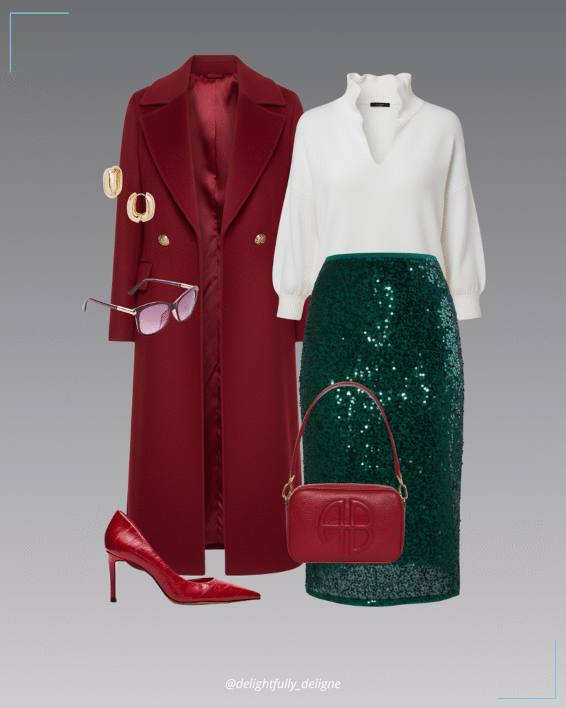 Green sequin midi skirt, cream knit sweater, wool notch-collar coat, red stiletto heels, Lili bag, rounded oval hoop earrings & rectangle sunglasses.