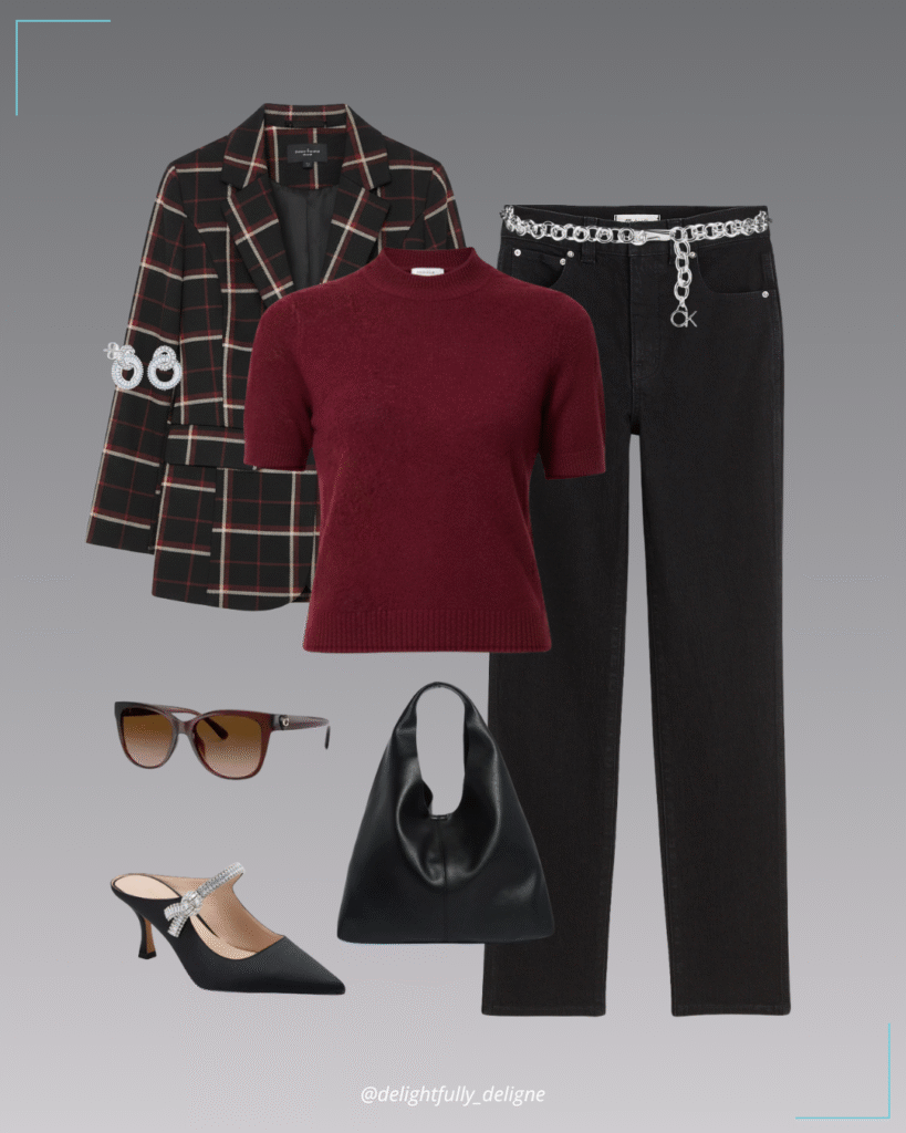 Plaid boyfriend blazer, mock-neck top, high-waist jeans, black satin heels, triangle hobo bag, chain belt, swirl earrings & oversized heart sunglasses.