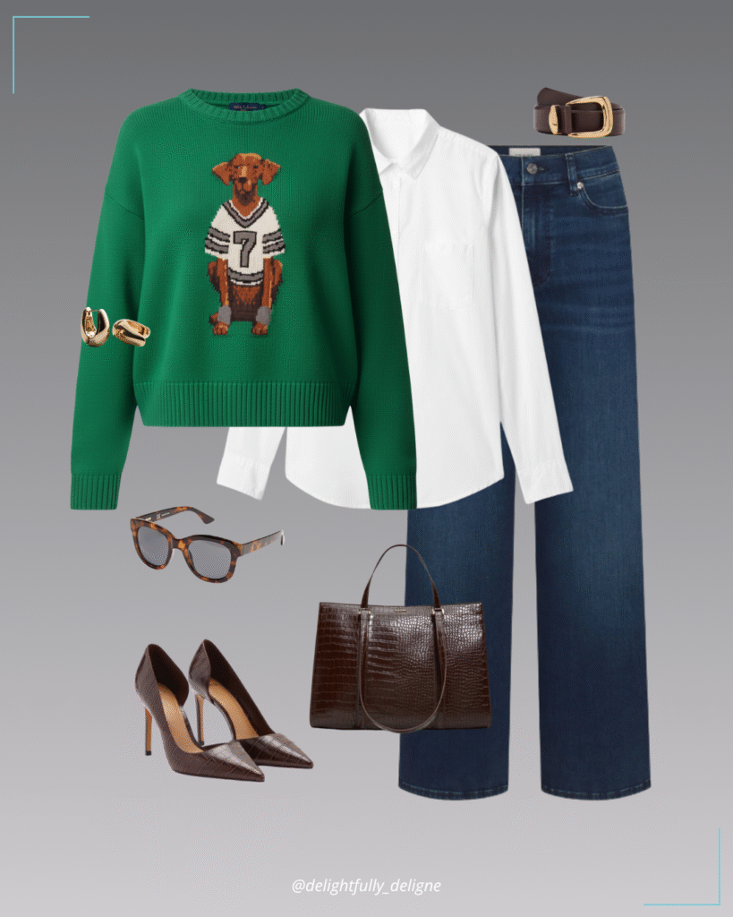 Pullover sweater, white button-up, dark denim, waist belt, croc-texture tote, oversized sunnies, volume hoops & asymmetrical croc heels.