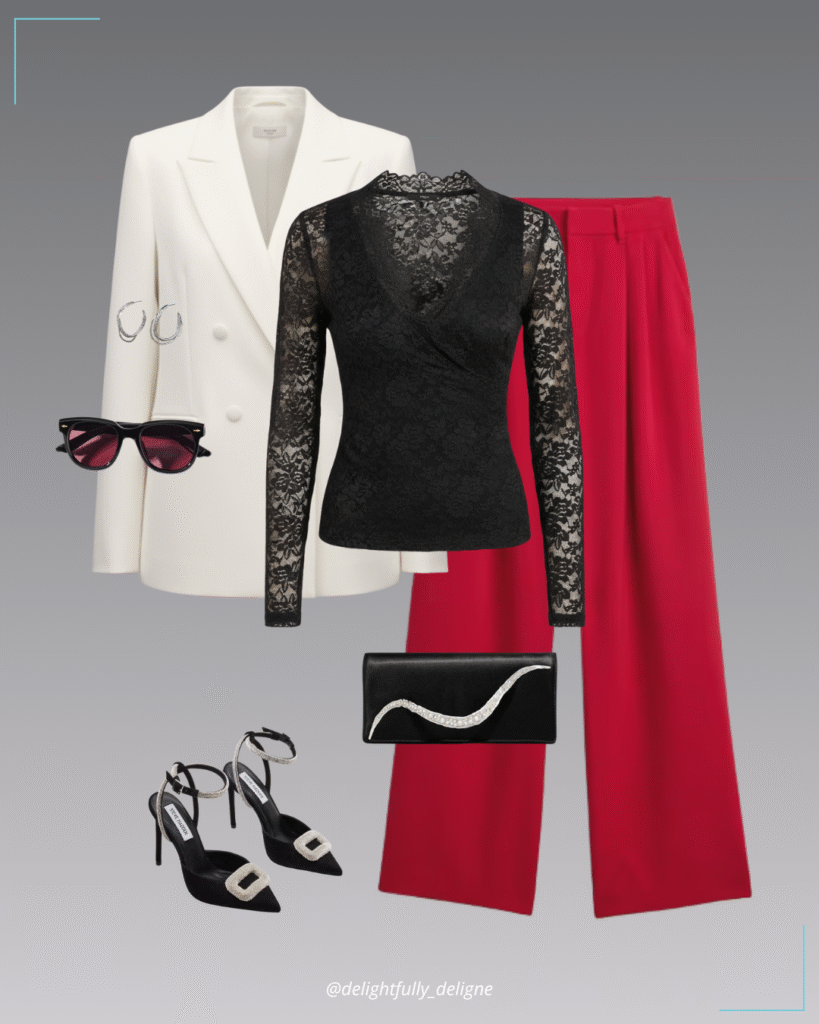 High-rise pleated trousers, lace top, double-breasted blazer, stiletto heels, crystal twist hoops, crystal curve clutch & square sunglasses.
