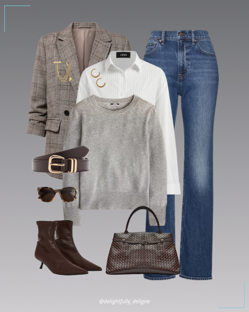 Brown plaid tweed blazer, striped polo shirt, cashmere crewneck sweater, high-rise straight jeans, brown boots, chocolate weave belt bag, metal buckle belt, hoop earrings, double chain coin brooch & cat-eye sunglasses.