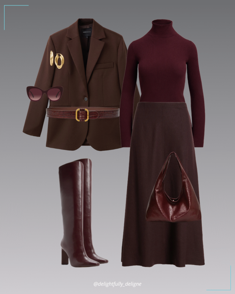 Wool suit blazer, ribbed turtleneck sweater, felted wool A-line skirt, croc-embossed slide-buckle belt, slouchy leather shoulder bag, knee-high boots, double hoop gold earrings & cat-eye sunnies.