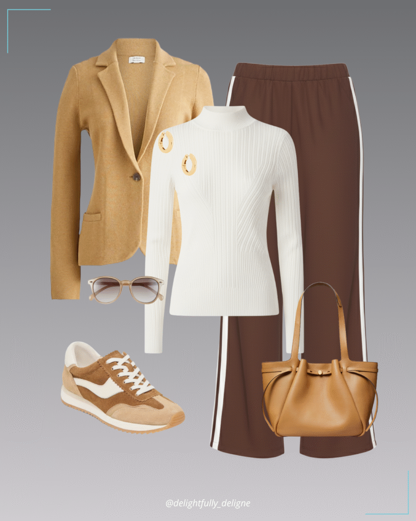 Schoolboy sweater blazer, ribbed mock neck sweater, tailored trousers, brown suede sneakers, Tory Burch tote, medium hoops & round sunglasses.