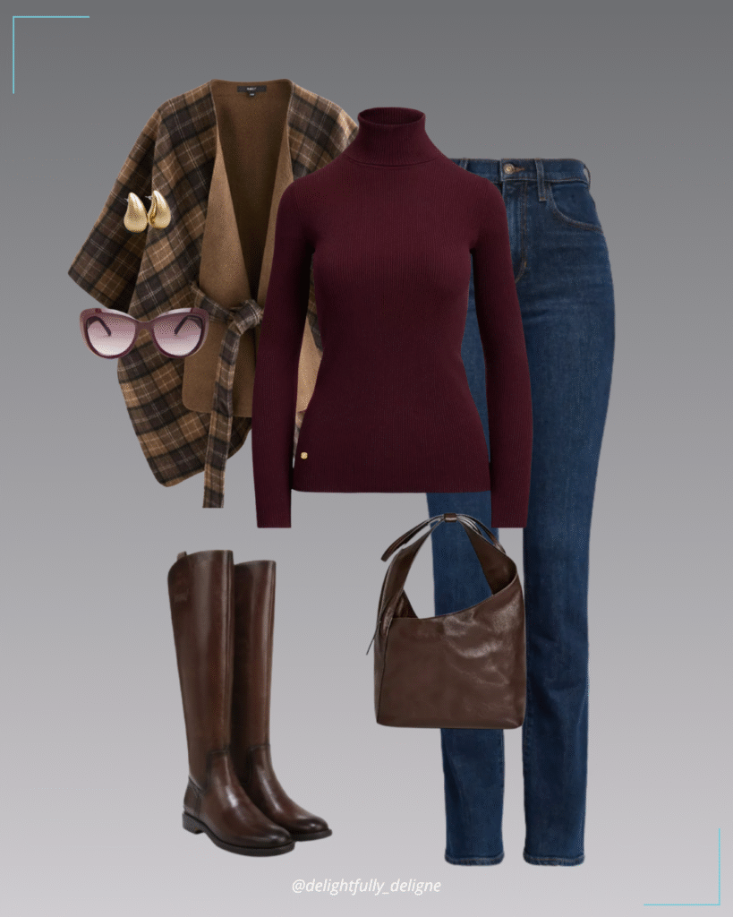 Check wrap cape poncho, ribbed turtleneck, high-waist bootcut jeans, wide-calf knee-high boots, Vittoria tote, burgundy sunnies & gold teardrop earrings.