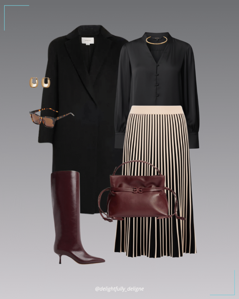 Classic straight wool-blend coat, v-neck popover, striped pull-on flared midi skirt, poppy small crossbody tote, knee-high pointed-toe boots, cat-eye sunglasses, thin gold collar necklace & u-profile earrings.