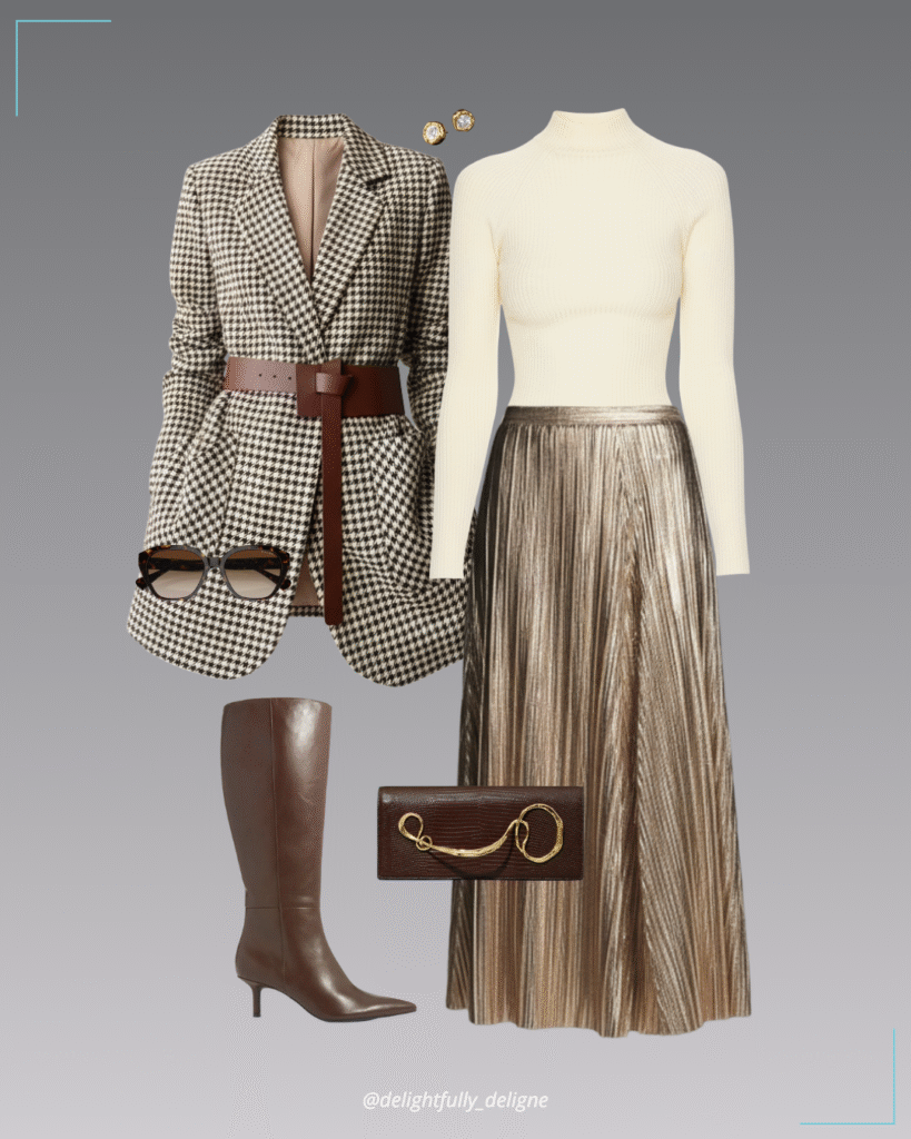 Split blazer with belt, metallic pleated midi skirt, mock neck sweater, pointed-toe knee-high boots, twisted gold clutch, gold stud earrings & sunglasses.