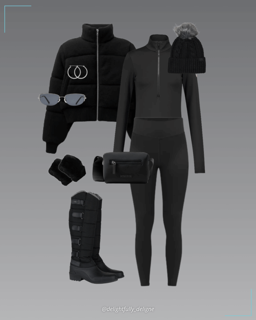 Darling sweater puffer, half-zip ski top, high-rise thermal tights, Horze Utah thermo boots, faux-fur fingerless gloves, fur pom beanie, crossbody bag, rectangle sunglasses and sterling silver large hoop earrings.