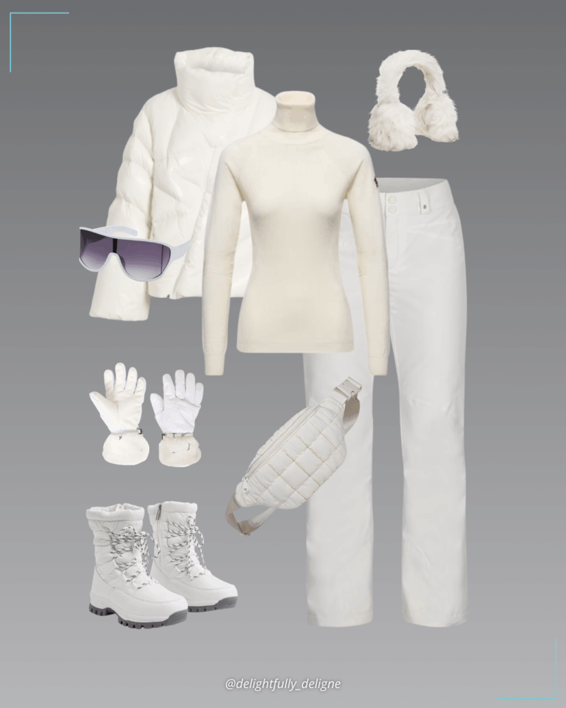 Quilted down ski jacket, wool-blend turtleneck sweater, snow pants, lace-up snow boots, Resurgence belt bag, Parallax waterproof ski gloves, faux-fur earmuffs and oversized square wrap shield sunglasses.