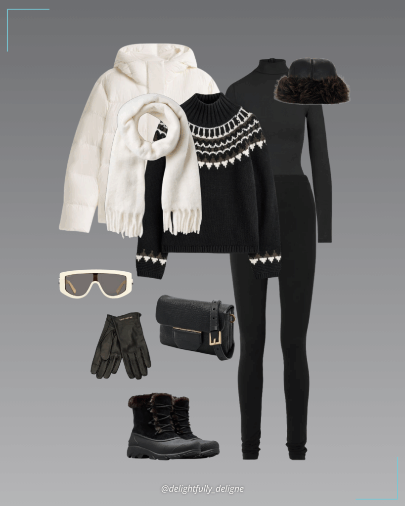 Fair Isle wool-cashmere sweater layered over a long-sleeve turtleneck, white down hooded puffer jacket, stretch-jersey leggings, SNOW ANGEL™ women’s boots, faux shearling roller hat, blanket scarf, leather tech gloves, Jupiter Grain crossbody bag and rectangular frame sunglasses.