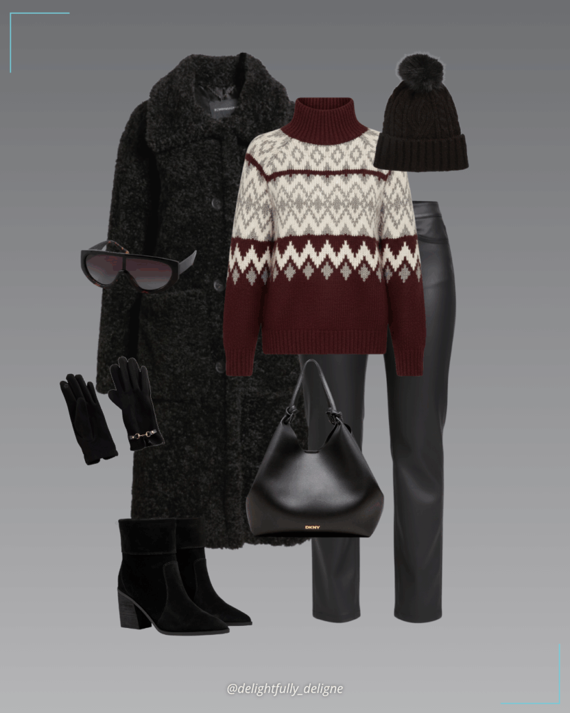 Long teddy coat, Fair Isle mock-neck sweater, pull-on vegan leather pants, suede booties, cable-stitch pom beanie, Nine West solid gloves with horsebit and PU trim, large tote bag and tortoiseshell après-ski sunglasses.