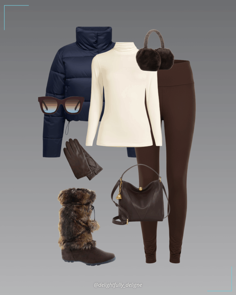 Rush puffer, baselayer cozy Thermaskin turtleneck top, high-rise training leggings, faux-fur mid-calf winter snow boots, lamb leather touchscreen gloves, leather shoulder bag, square sunglasses and deadstock earmuffs.