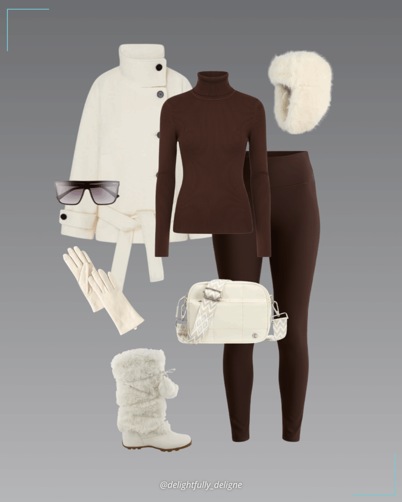 Turtleneck knit sweater, wool belt coat, high-rise thermal leggings, leather cashmere tech-tip gloves, puffer shoulder bag with wide strap, faux-fur trapper hat, faux-fur mid-calf winter snow boots and flat-top sunglasses.